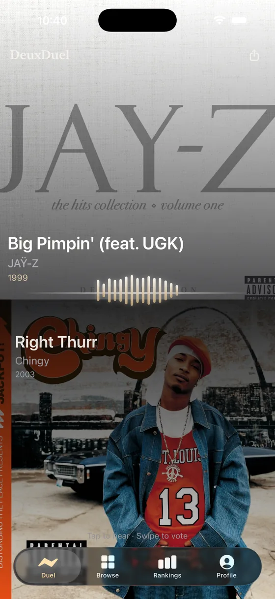 A DeuxDuel song battle: two tracks head to head, waiting for a vote.