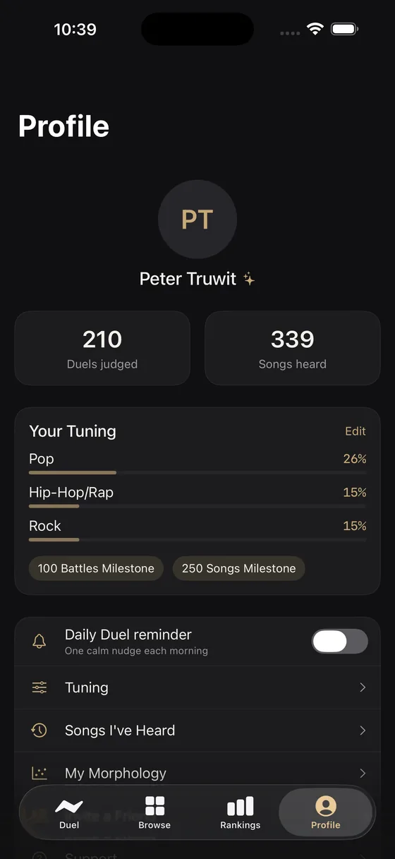 A DeuxDuel taste profile showing where your votes agree with the crowd.